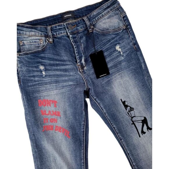 Bluecarats Tapered Jeans Blue Stretch Don't Blame It On The Devil Sz 34 Mens New - Picture 4 of 7
